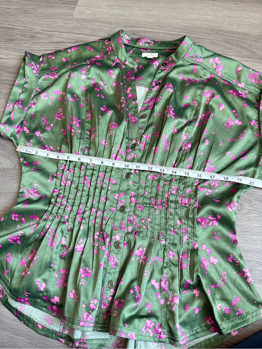 Pilcro Anthropologie Linden Silken Pleated Waisted Blouse Green Floral L - Picture 8 of 9